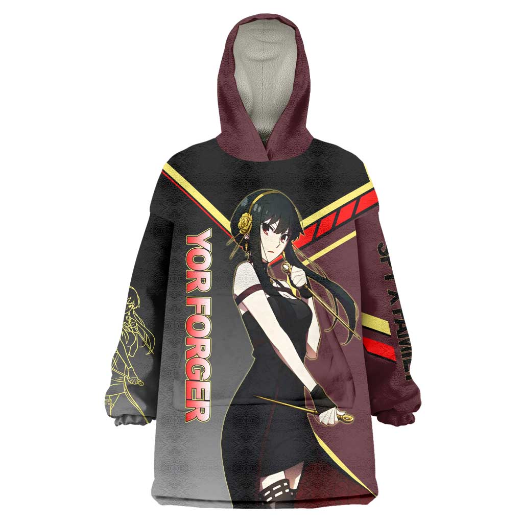Yor Forger Spy x Family Red and Black Assassin Theme Wearable Blanket Hoodie with Elegant Weapon Pose and Bold Color Accents - The Mazicc