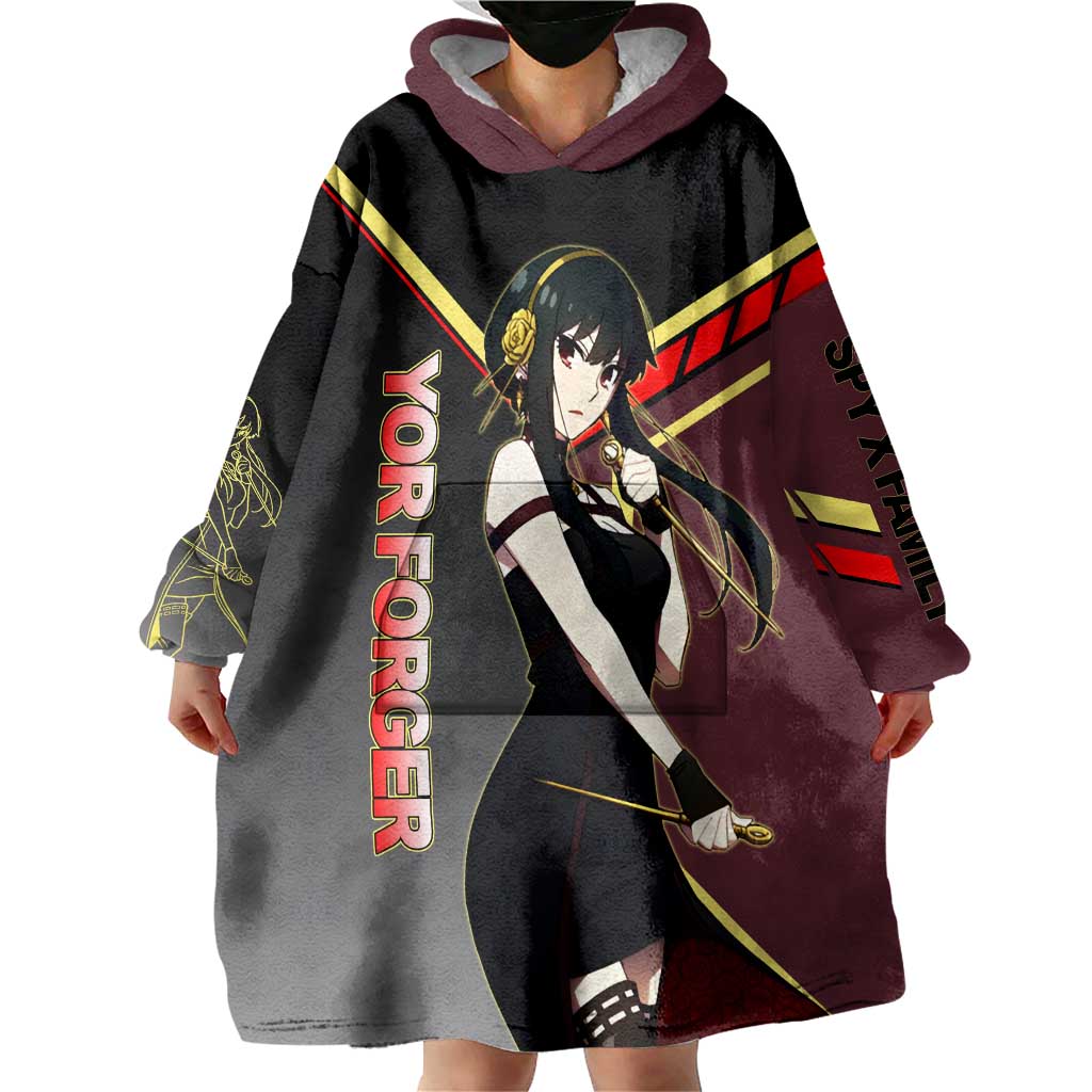 Yor Forger Spy x Family Red and Black Assassin Theme Wearable Blanket Hoodie with Elegant Weapon Pose and Bold Color Accents - The Mazicc