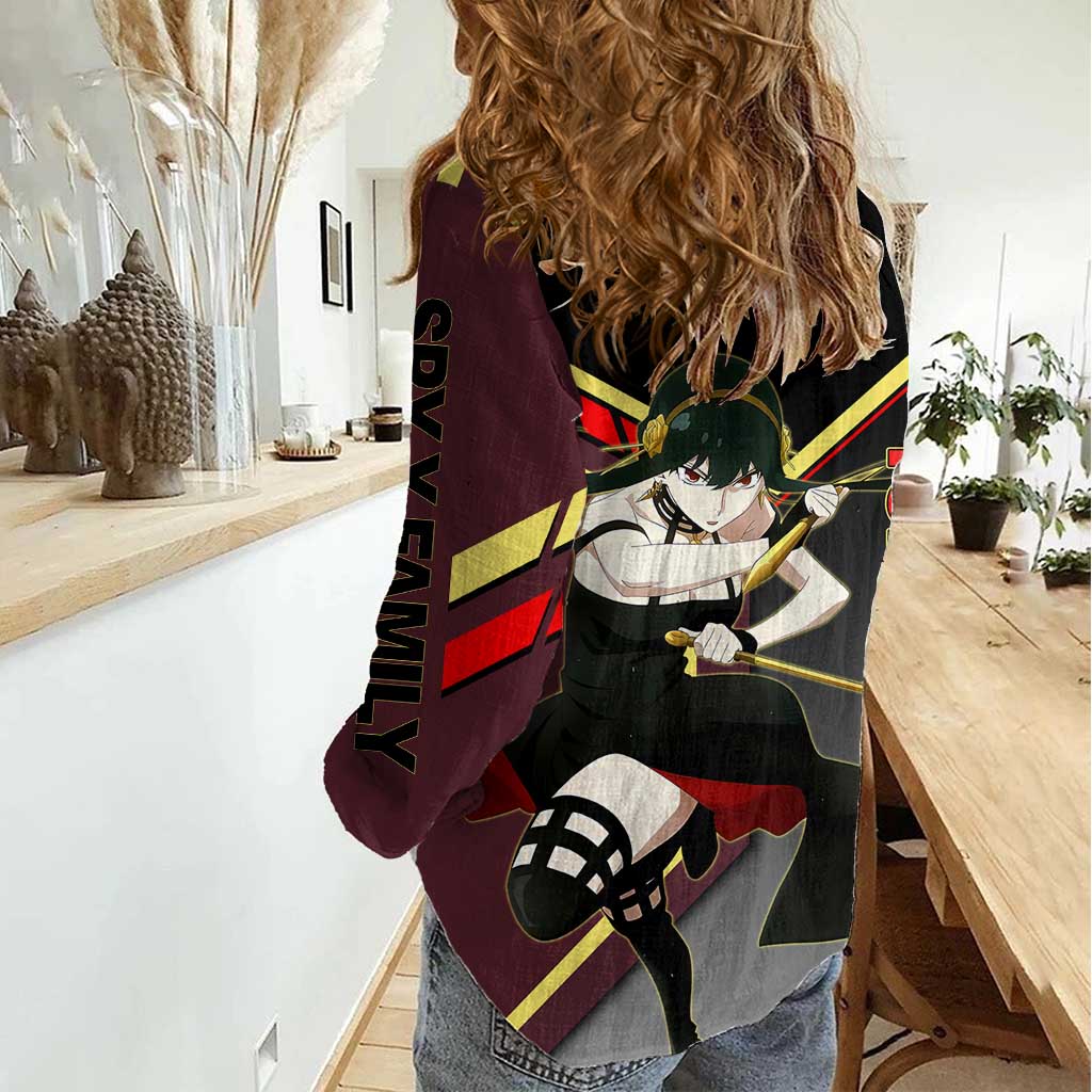 Yor Forger Spy x Family Red and Black Assassin Theme Women Casual Shirt with Elegant Weapon Pose and Bold Color Accents - The Mazicc