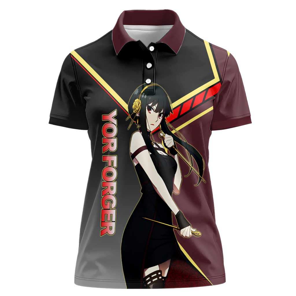 Yor Forger Spy x Family Red and Black Assassin Theme Women Polo Shirt with Elegant Weapon Pose and Bold Color Accents - The Mazicc