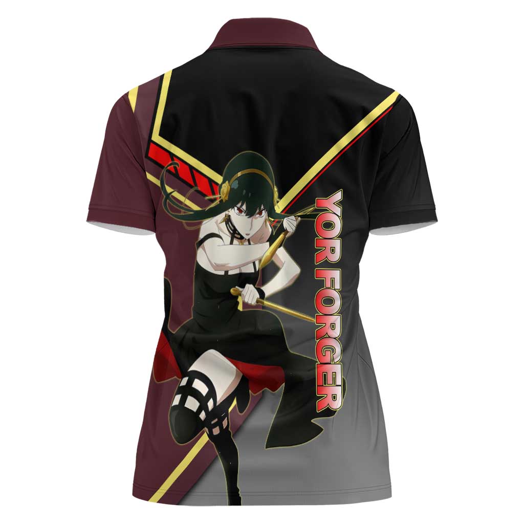 Yor Forger Spy x Family Red and Black Assassin Theme Women Polo Shirt with Elegant Weapon Pose and Bold Color Accents - The Mazicc