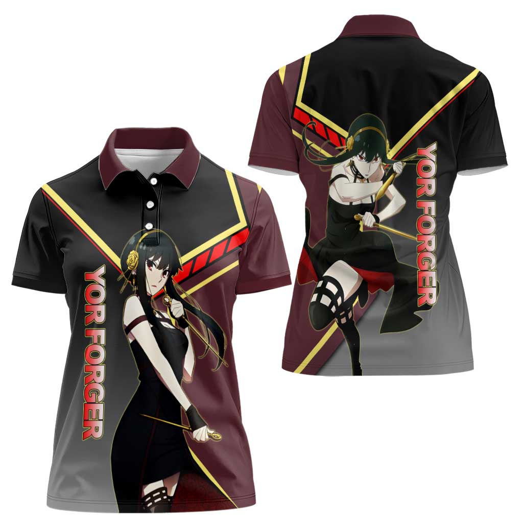 Yor Forger Spy x Family Red and Black Assassin Theme Women Polo Shirt with Elegant Weapon Pose and Bold Color Accents - The Mazicc