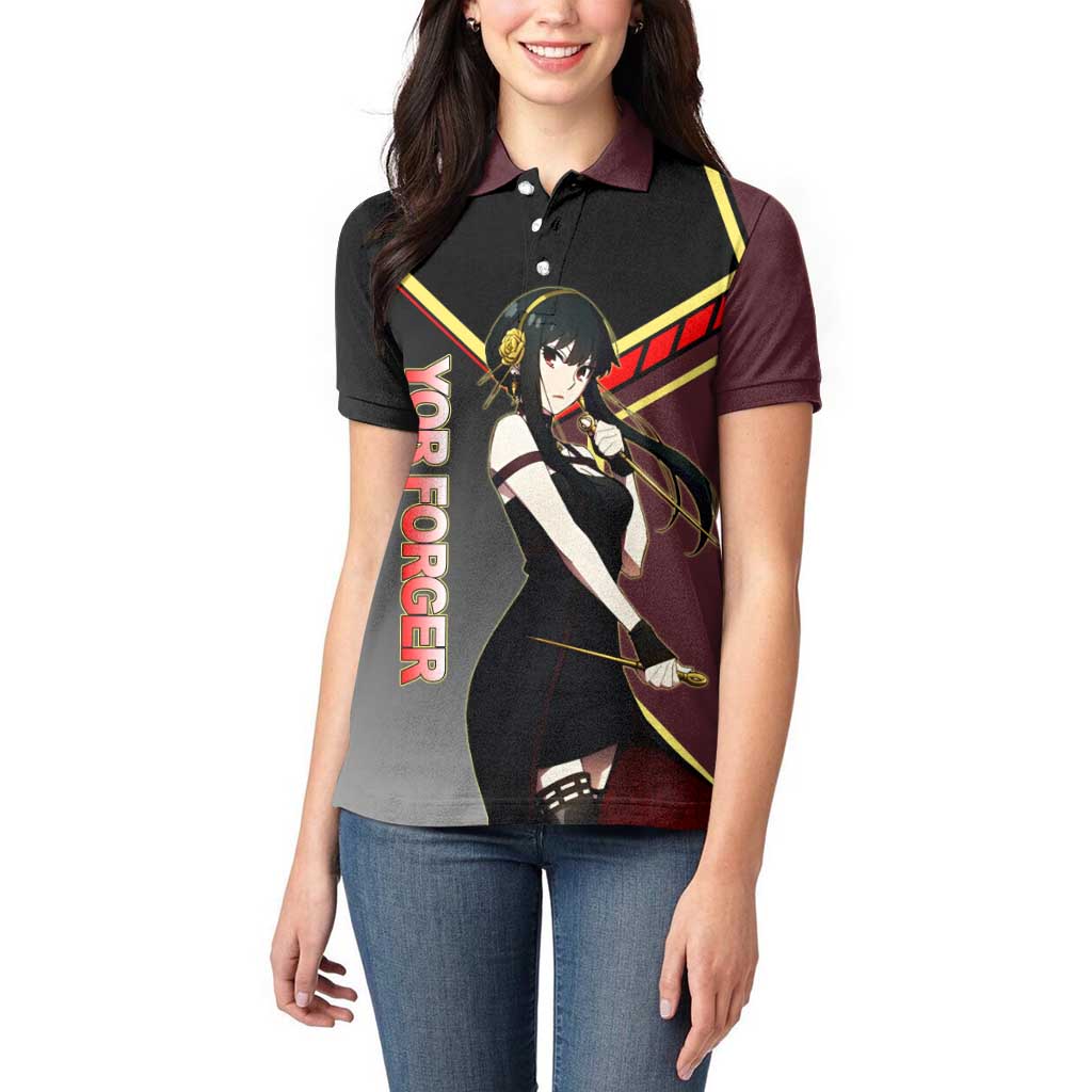 Yor Forger Spy x Family Red and Black Assassin Theme Women Polo Shirt with Elegant Weapon Pose and Bold Color Accents - The Mazicc