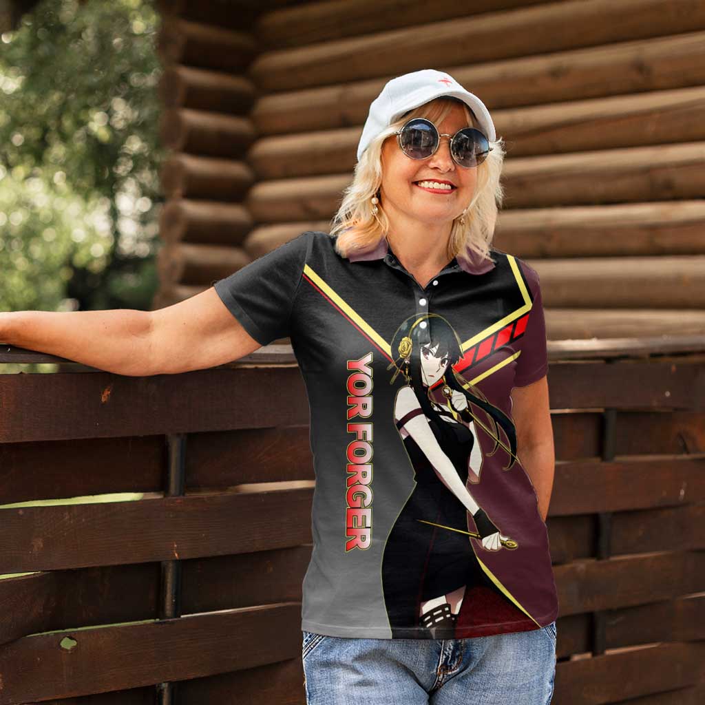 Yor Forger Spy x Family Red and Black Assassin Theme Women Polo Shirt with Elegant Weapon Pose and Bold Color Accents - The Mazicc