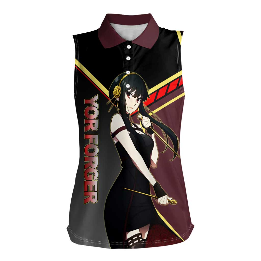Yor Forger Spy x Family Red and Black Assassin Theme Women Sleeveless Polo Shirt with Elegant Weapon Pose and Bold Color Accents - The Mazicc