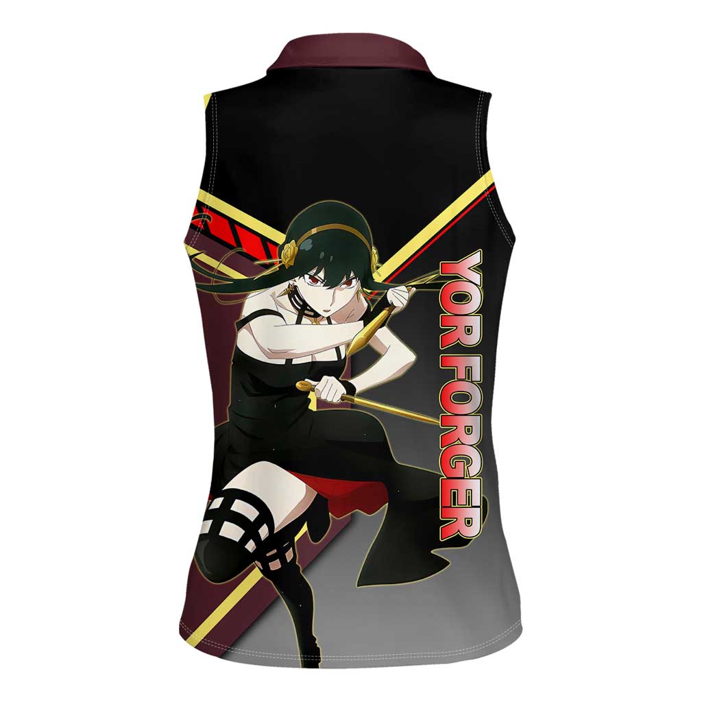 Yor Forger Spy x Family Red and Black Assassin Theme Women Sleeveless Polo Shirt with Elegant Weapon Pose and Bold Color Accents - The Mazicc