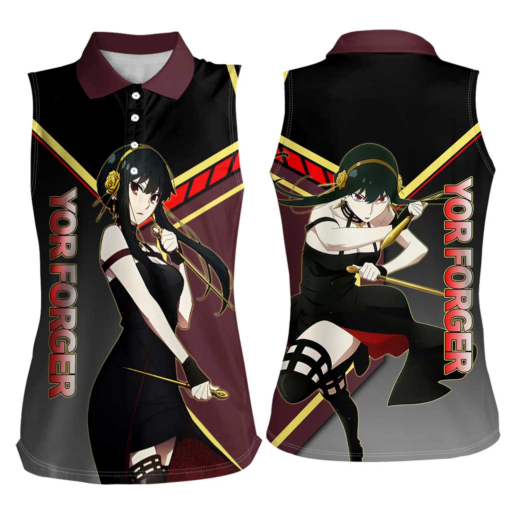 Yor Forger Spy x Family Red and Black Assassin Theme Women Sleeveless Polo Shirt with Elegant Weapon Pose and Bold Color Accents - The Mazicc