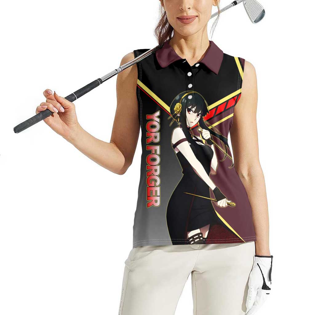 Yor Forger Spy x Family Red and Black Assassin Theme Women Sleeveless Polo Shirt with Elegant Weapon Pose and Bold Color Accents - The Mazicc