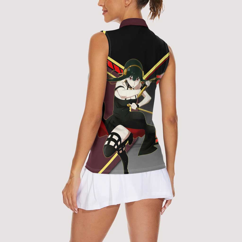 Yor Forger Spy x Family Red and Black Assassin Theme Women Sleeveless Polo Shirt with Elegant Weapon Pose and Bold Color Accents - The Mazicc