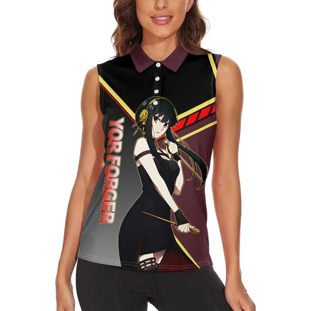 Yor Forger Spy x Family Red and Black Assassin Theme Women Sleeveless Polo Shirt with Elegant Weapon Pose and Bold Color Accents - The Mazicc
