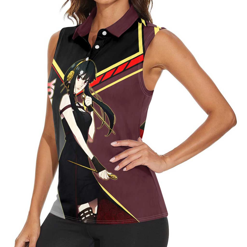 Yor Forger Spy x Family Red and Black Assassin Theme Women Sleeveless Polo Shirt with Elegant Weapon Pose and Bold Color Accents - The Mazicc