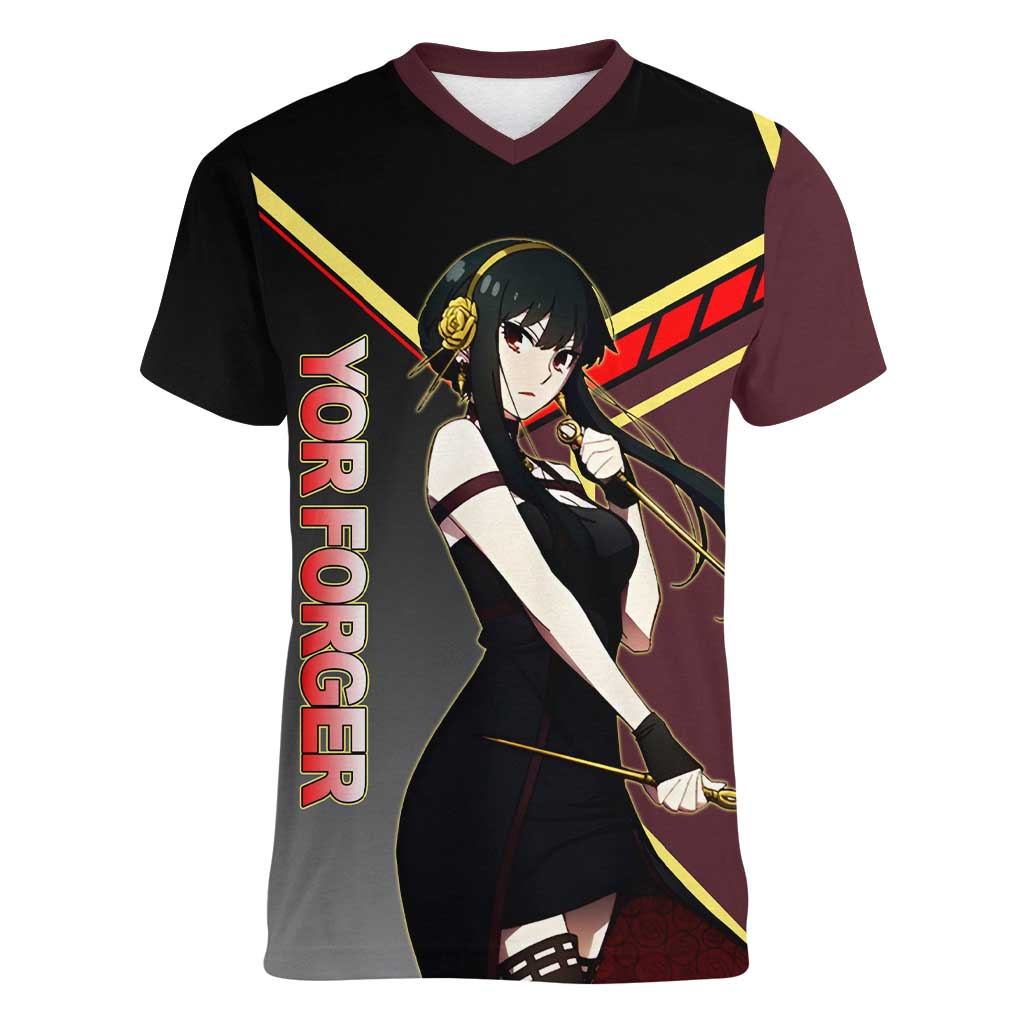 Yor Forger Spy x Family Red and Black Assassin Theme Women V-Neck T-Shirt with Elegant Weapon Pose and Bold Color Accents - The Mazicc