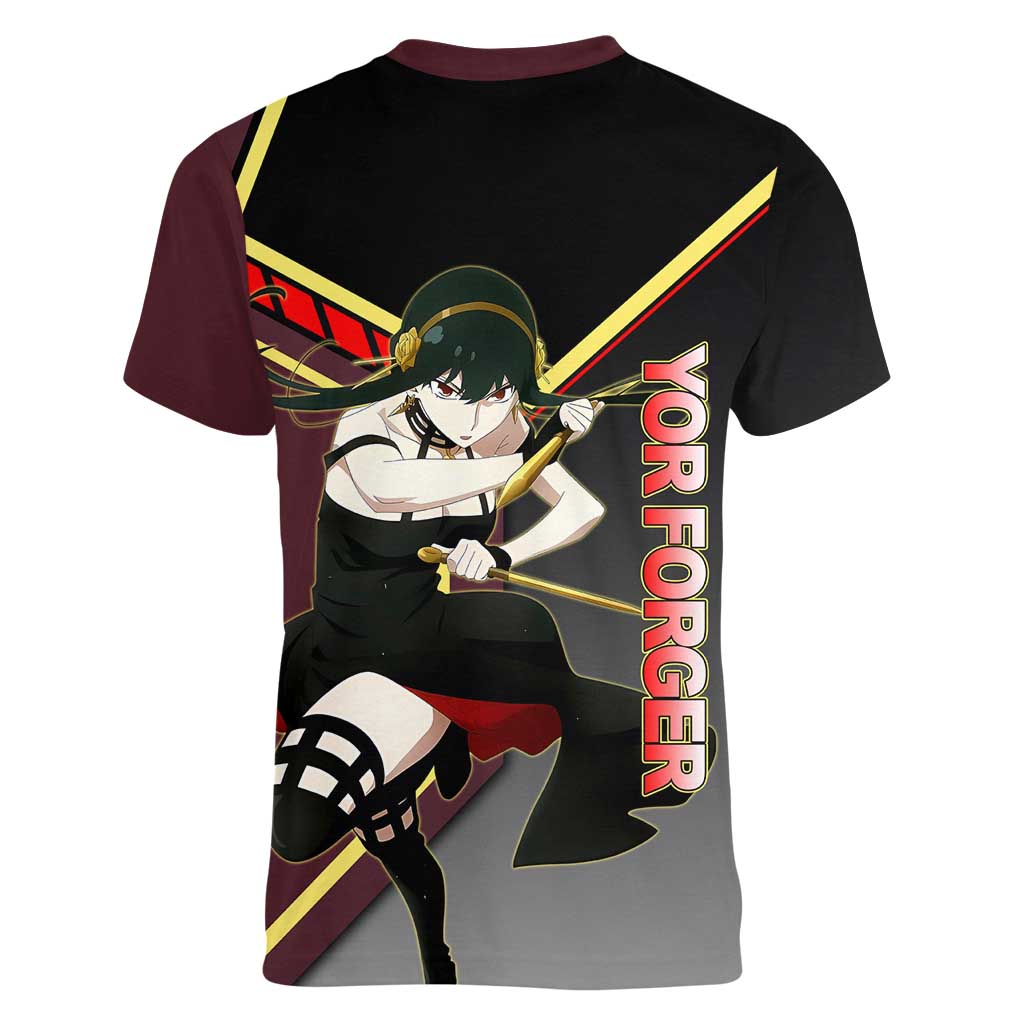 Yor Forger Spy x Family Red and Black Assassin Theme Women V-Neck T-Shirt with Elegant Weapon Pose and Bold Color Accents - The Mazicc