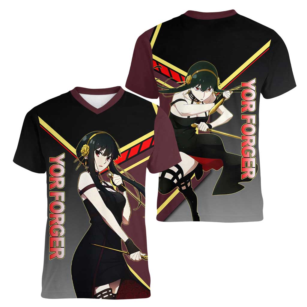 Yor Forger Spy x Family Red and Black Assassin Theme Women V-Neck T-Shirt with Elegant Weapon Pose and Bold Color Accents - The Mazicc