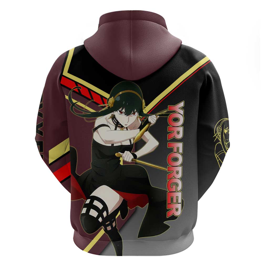 Yor Forger Spy x Family Red and Black Assassin Theme Zip Hoodie with Elegant Weapon Pose and Bold Color Accents - The Mazicc