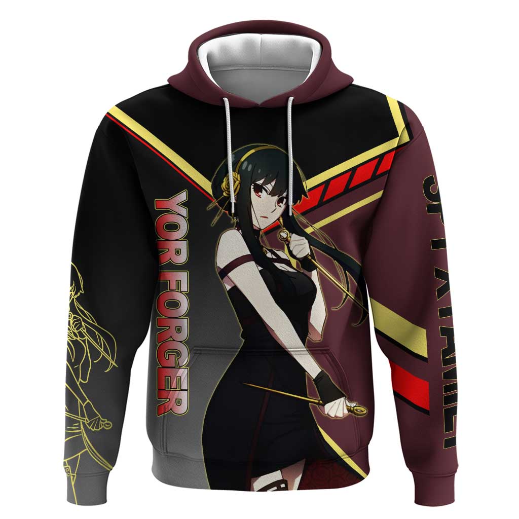 Yor Forger Spy x Family Red and Black Assassin Theme Zip Hoodie with Elegant Weapon Pose and Bold Color Accents - The Mazicc