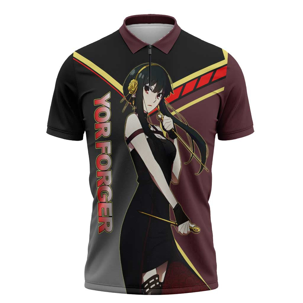 Yor Forger Spy x Family Red and Black Assassin Theme Zipper Polo Shirt with Elegant Weapon Pose and Bold Color Accents - The Mazicc