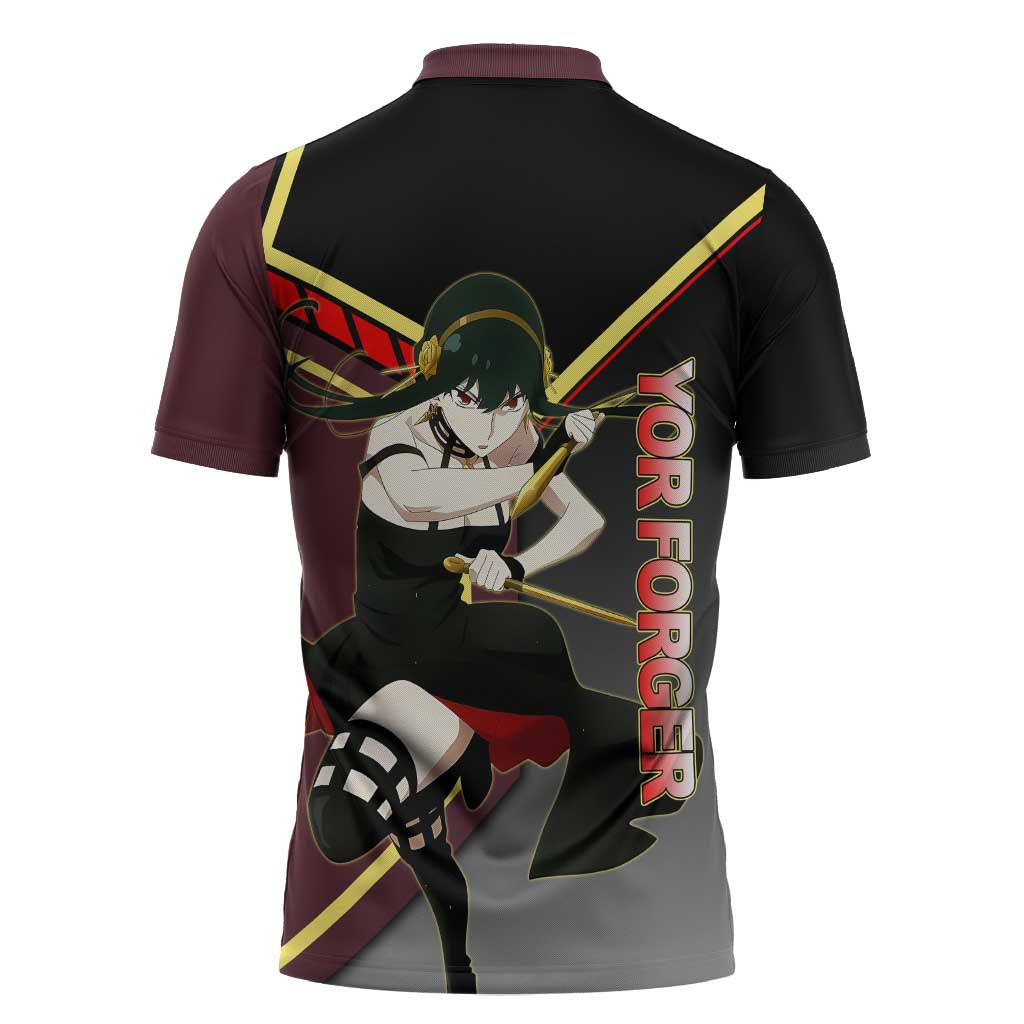 Yor Forger Spy x Family Red and Black Assassin Theme Zipper Polo Shirt with Elegant Weapon Pose and Bold Color Accents - The Mazicc