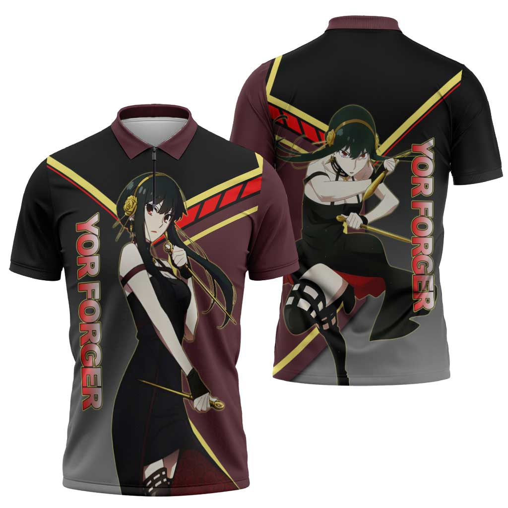 Yor Forger Spy x Family Red and Black Assassin Theme Zipper Polo Shirt with Elegant Weapon Pose and Bold Color Accents - The Mazicc