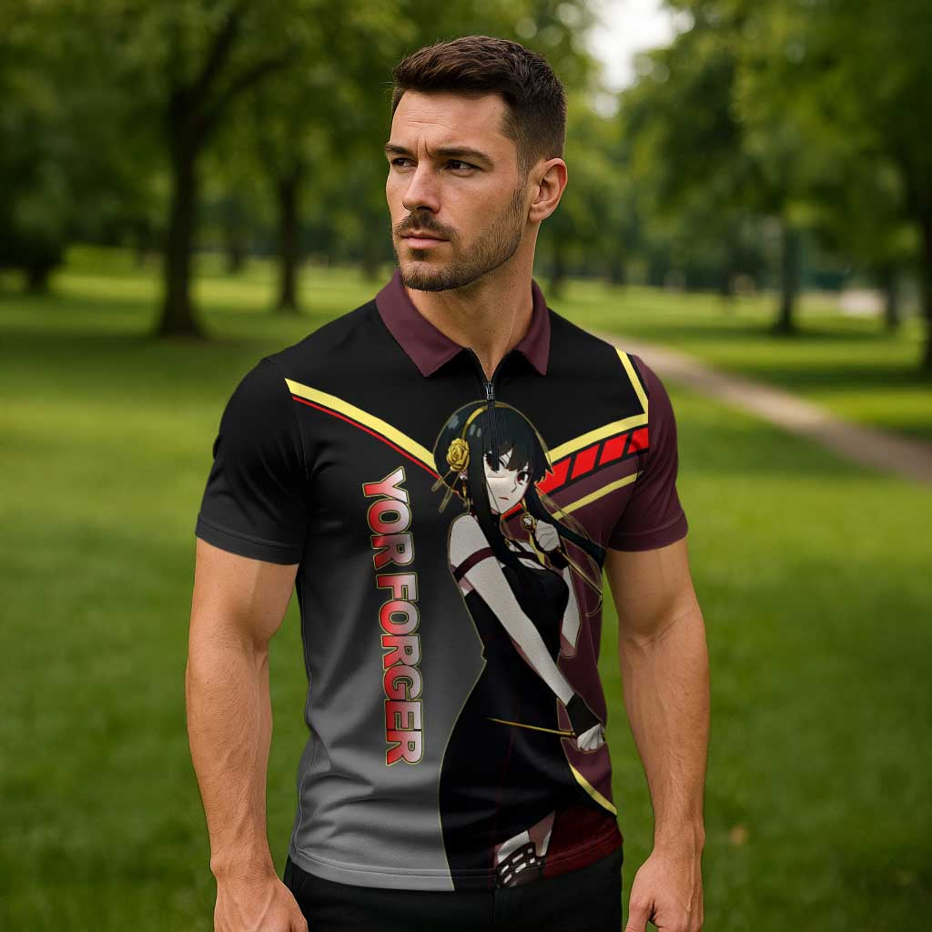 Yor Forger Spy x Family Red and Black Assassin Theme Zipper Polo Shirt with Elegant Weapon Pose and Bold Color Accents - The Mazicc