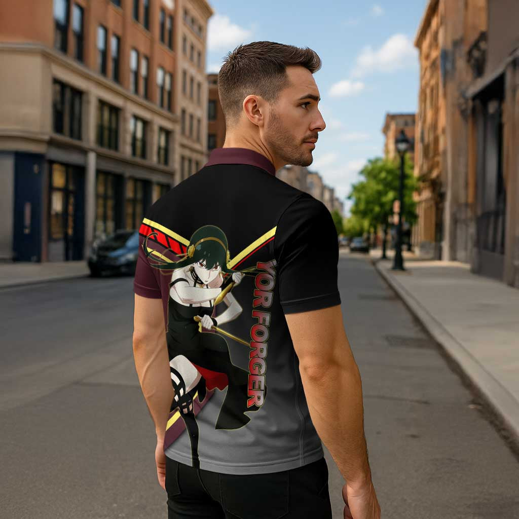 Yor Forger Spy x Family Red and Black Assassin Theme Zipper Polo Shirt with Elegant Weapon Pose and Bold Color Accents - The Mazicc
