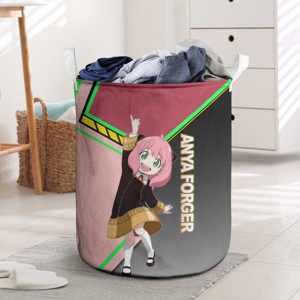 Anya Forger Spy x Family Pink and Black Theme Laundry Basket with Cheerful Pose and Cartoon Style Accents - The Mazicc