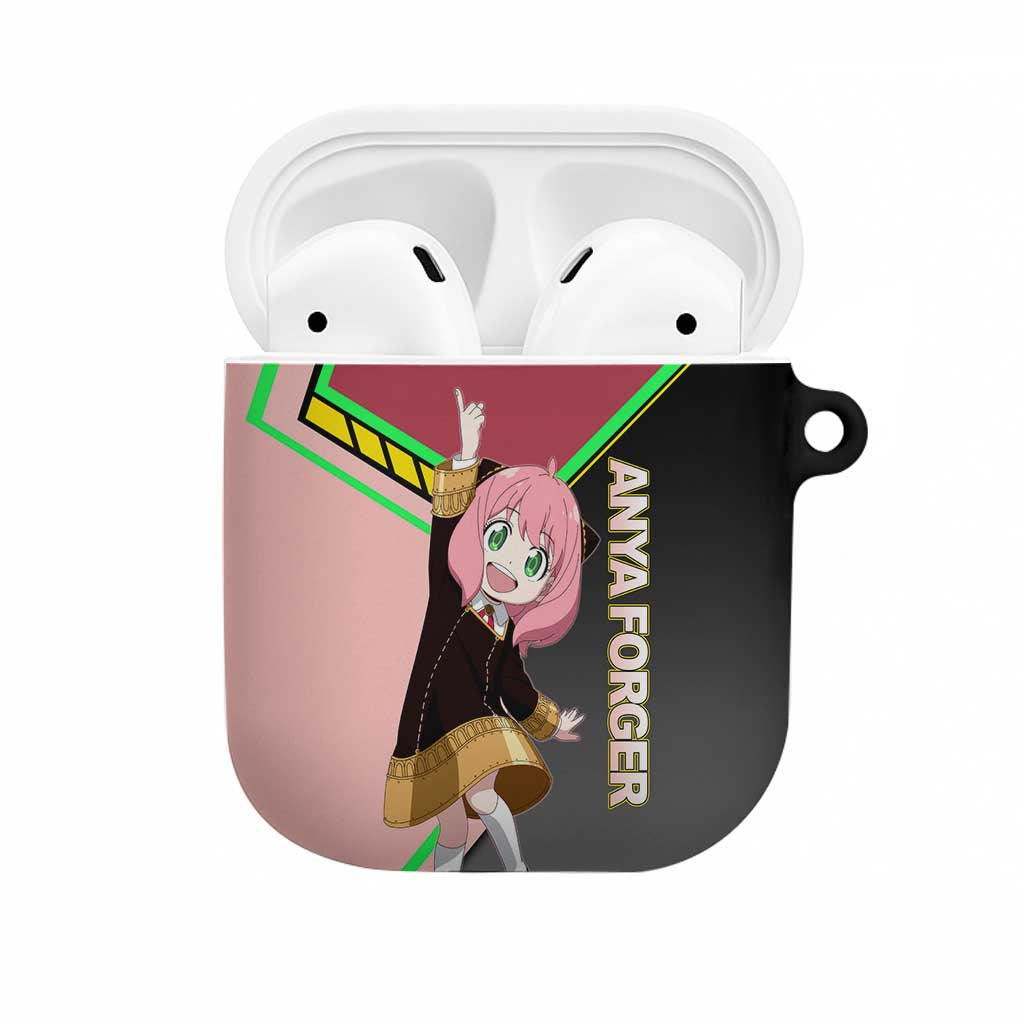 Anya Forger Spy x Family Pink and Black Theme AirPods Case with Cheerful Pose and Cartoon Style Accents - The Mazicc