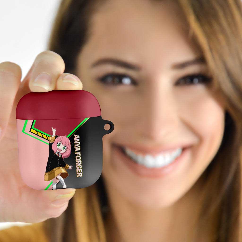 Anya Forger Spy x Family Pink and Black Theme AirPods Case with Cheerful Pose and Cartoon Style Accents - The Mazicc
