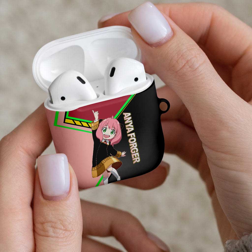 Anya Forger Spy x Family Pink and Black Theme AirPods Case with Cheerful Pose and Cartoon Style Accents - The Mazicc