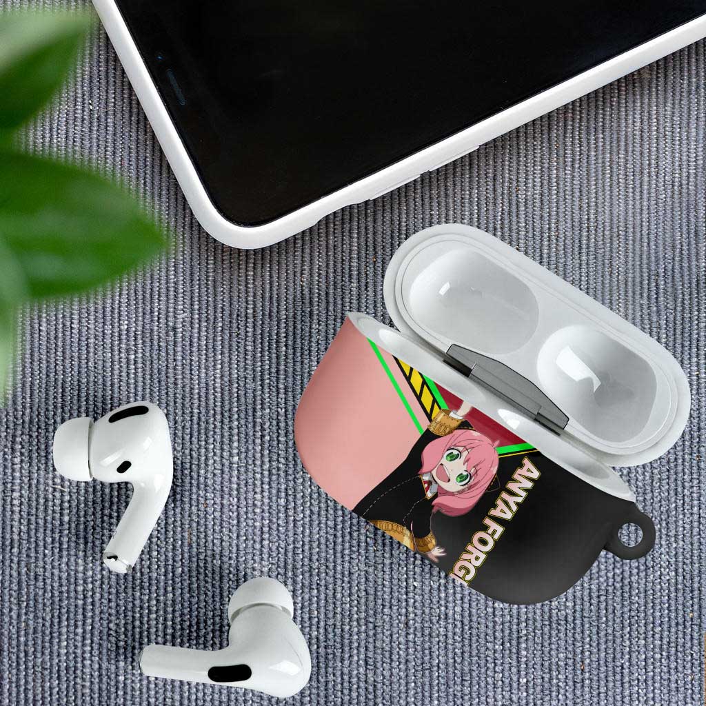 Anya Forger Spy x Family Pink and Black Theme AirPods Case with Cheerful Pose and Cartoon Style Accents - The Mazicc