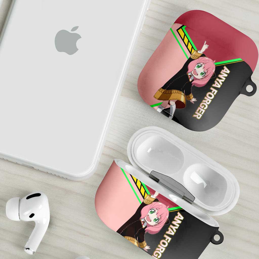 Anya Forger Spy x Family Pink and Black Theme AirPods Case with Cheerful Pose and Cartoon Style Accents - The Mazicc