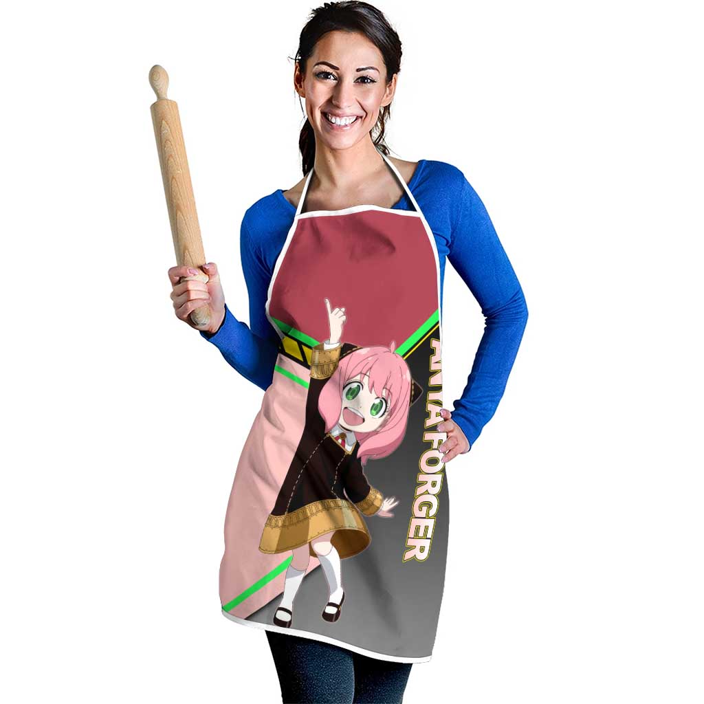 Anya Forger Spy x Family Pink and Black Theme Apron with Cheerful Pose and Cartoon Style Accents - The Mazicc