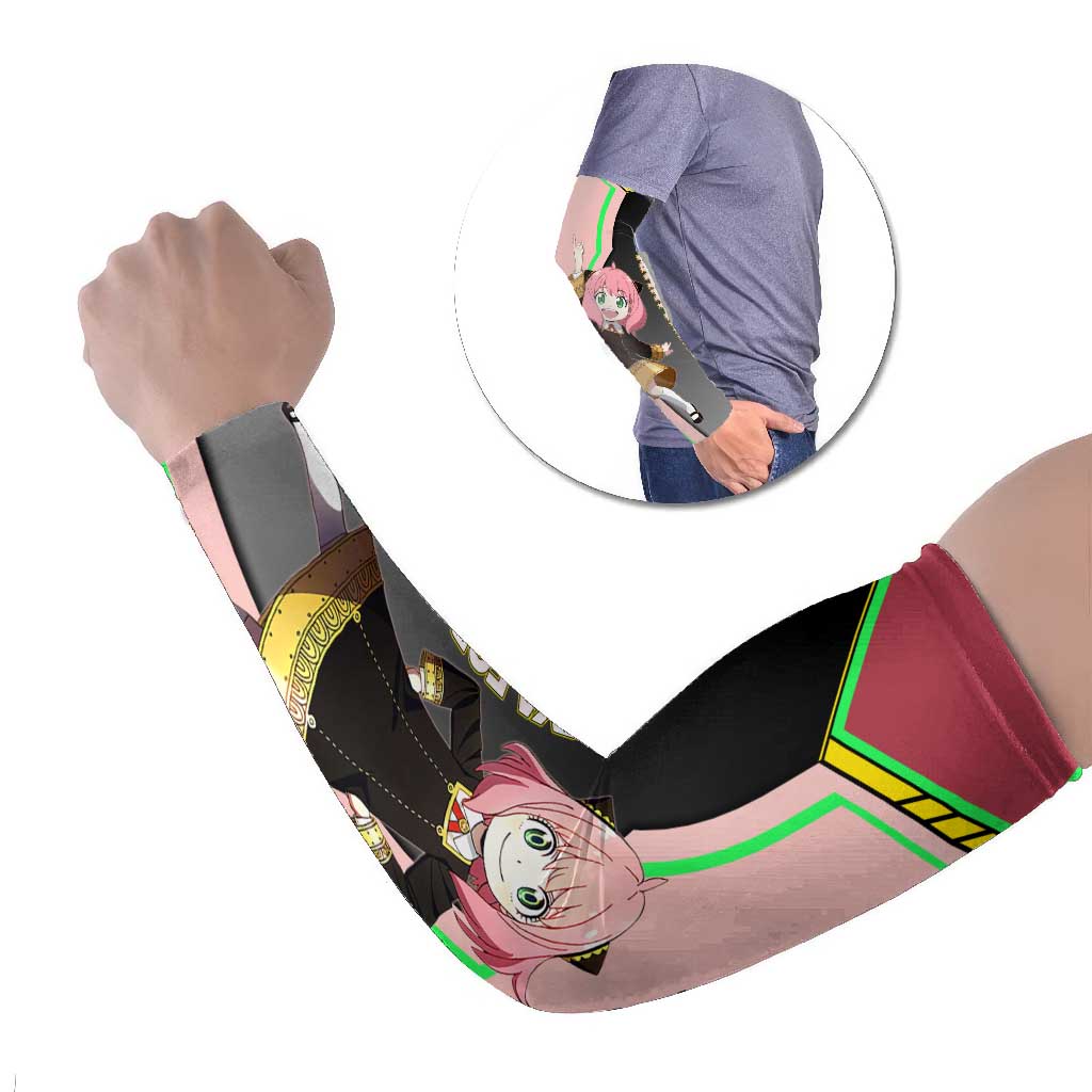 Anya Forger Spy x Family Pink and Black Theme Arm Sleeves with Cheerful Pose and Cartoon Style Accents - The Mazicc