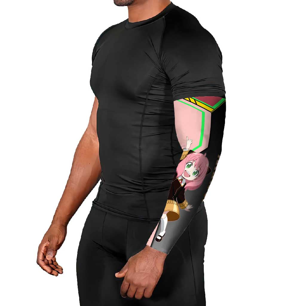 Anya Forger Spy x Family Pink and Black Theme Arm Sleeves with Cheerful Pose and Cartoon Style Accents - The Mazicc