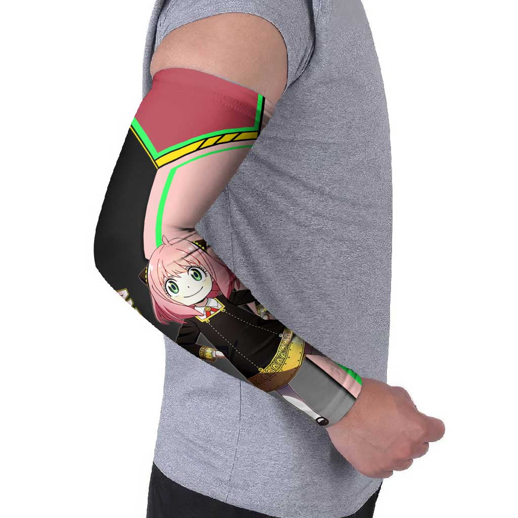Anya Forger Spy x Family Pink and Black Theme Arm Sleeves with Cheerful Pose and Cartoon Style Accents - The Mazicc