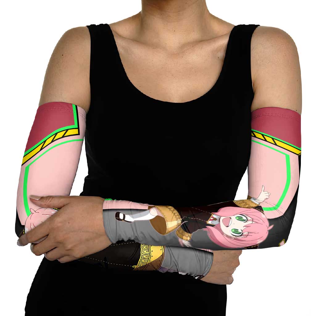 Anya Forger Spy x Family Pink and Black Theme Arm Sleeves with Cheerful Pose and Cartoon Style Accents - The Mazicc