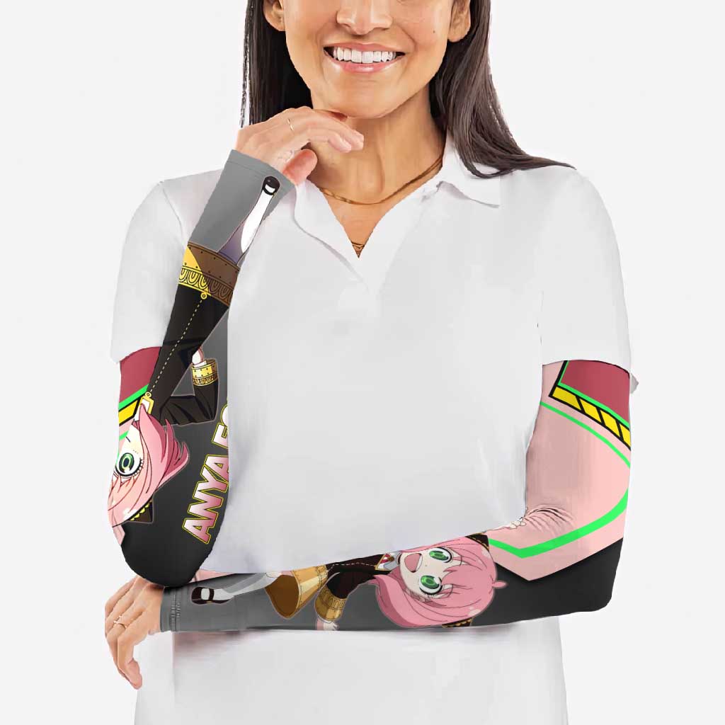 Anya Forger Spy x Family Pink and Black Theme Arm Sleeves with Cheerful Pose and Cartoon Style Accents - The Mazicc