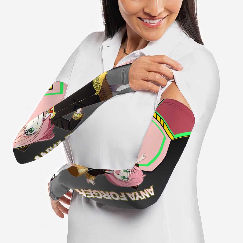 Anya Forger Spy x Family Pink and Black Theme Arm Sleeves with Cheerful Pose and Cartoon Style Accents - The Mazicc