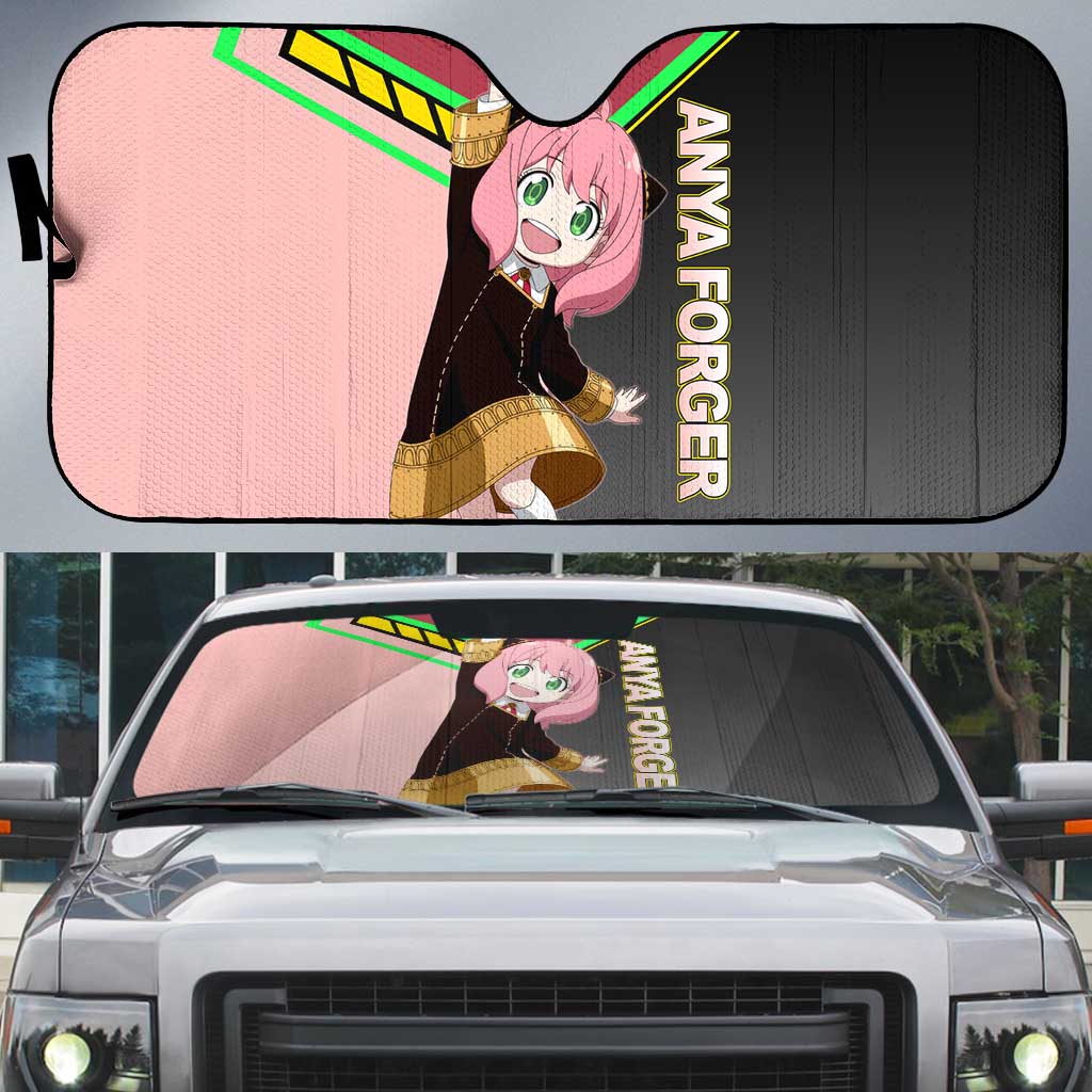 Anya Forger Spy x Family Pink and Black Theme Auto Sun Shade with Cheerful Pose and Cartoon Style Accents - The Mazicc