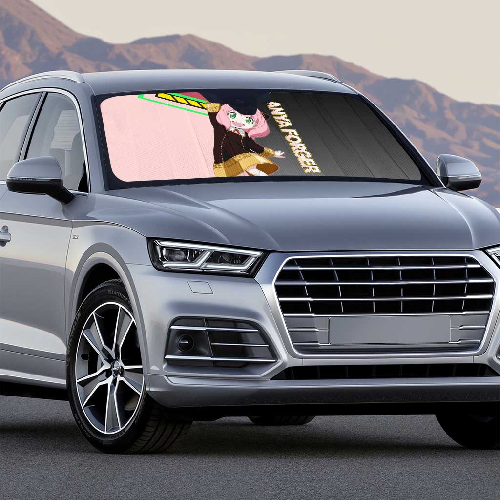 Anya Forger Spy x Family Pink and Black Theme Auto Sun Shade with Cheerful Pose and Cartoon Style Accents - The Mazicc