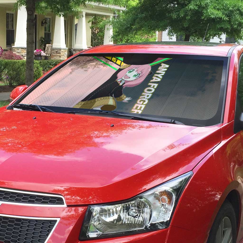 Anya Forger Spy x Family Pink and Black Theme Auto Sun Shade with Cheerful Pose and Cartoon Style Accents - The Mazicc