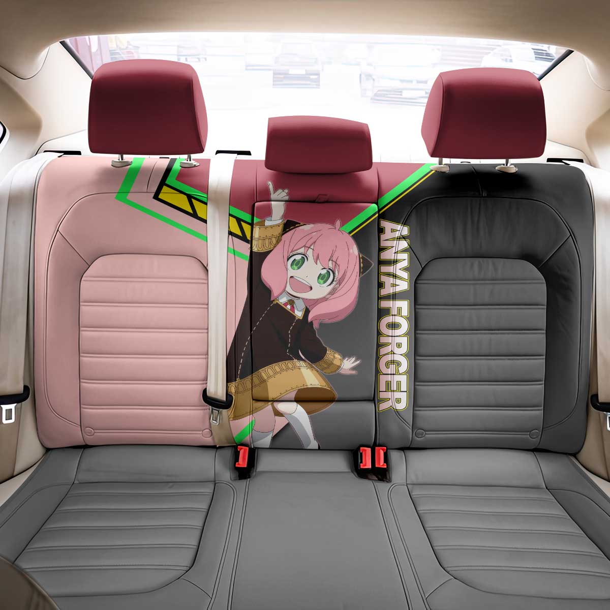 Anya Forger Spy x Family Pink and Black Theme Back Car Seat Cover with Cheerful Pose and Cartoon Style Accents - The Mazicc