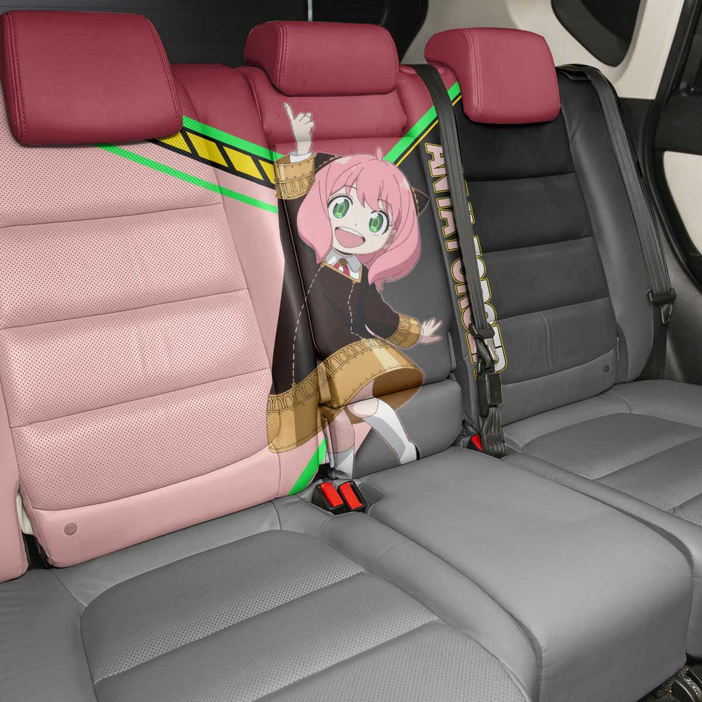 Anya Forger Spy x Family Pink and Black Theme Back Car Seat Cover with Cheerful Pose and Cartoon Style Accents - The Mazicc