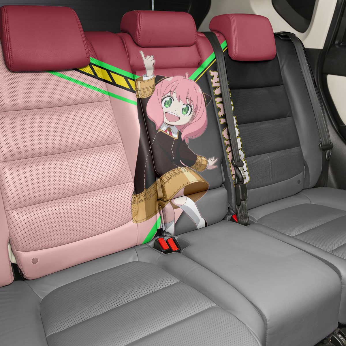 Anya Forger Spy x Family Pink and Black Theme Back Car Seat Cover with Cheerful Pose and Cartoon Style Accents - The Mazicc