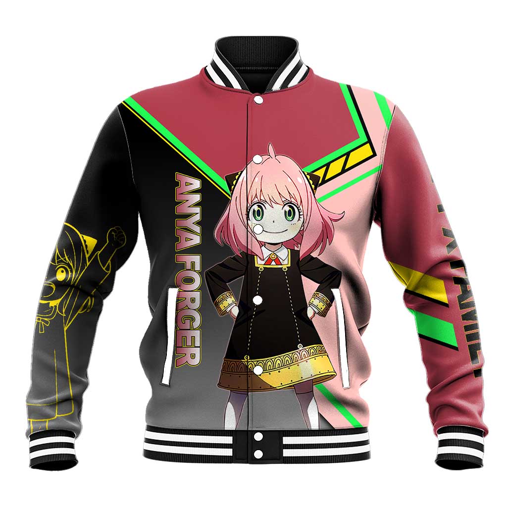 Anya Forger Spy x Family Pink and Black Theme Baseball Jacket with Cheerful Pose and Cartoon Style Accents - The Mazicc