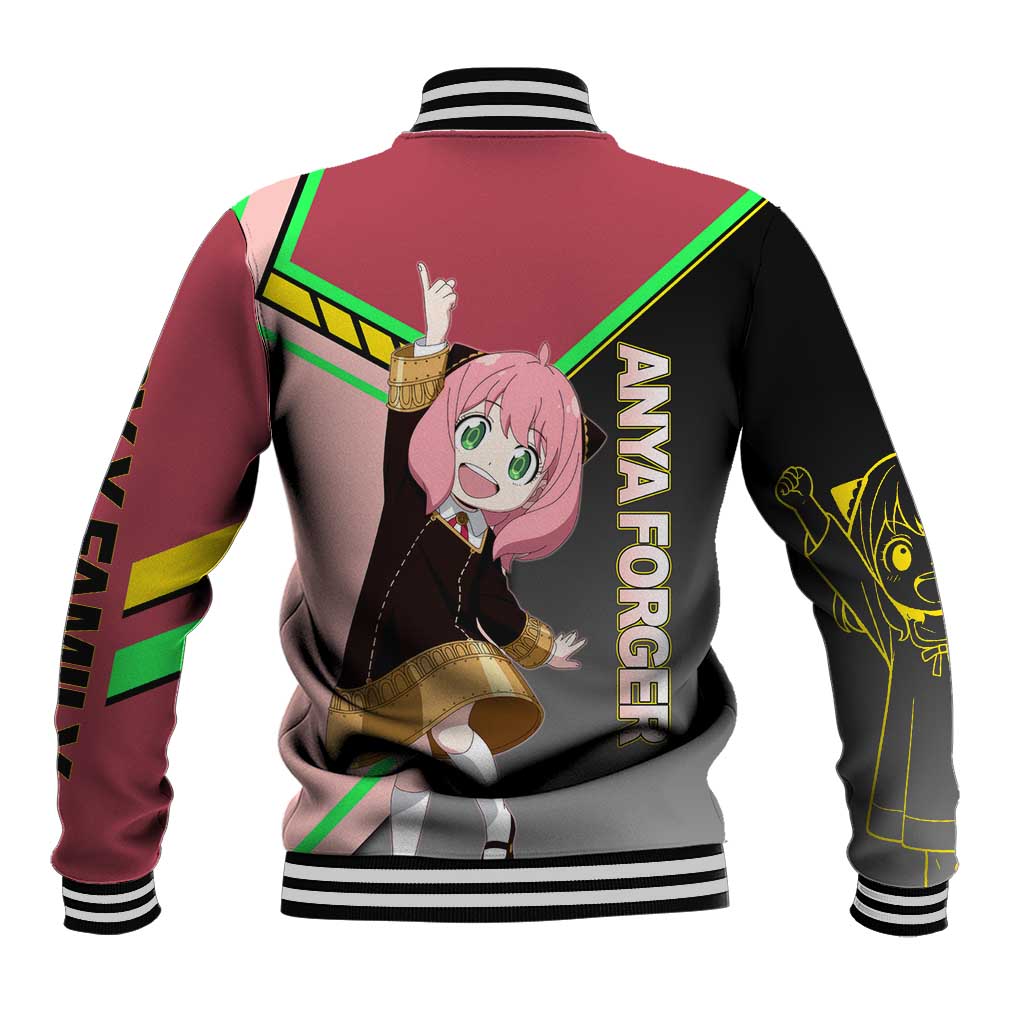 Anya Forger Spy x Family Pink and Black Theme Baseball Jacket with Cheerful Pose and Cartoon Style Accents - The Mazicc