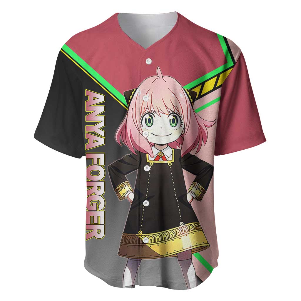 Anya Forger Spy x Family Pink and Black Theme Baseball Jersey with Cheerful Pose and Cartoon Style Accents - The Mazicc