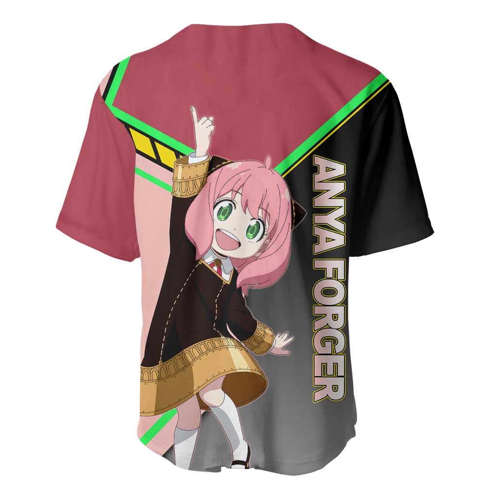 Anya Forger Spy x Family Pink and Black Theme Baseball Jersey with Cheerful Pose and Cartoon Style Accents - The Mazicc
