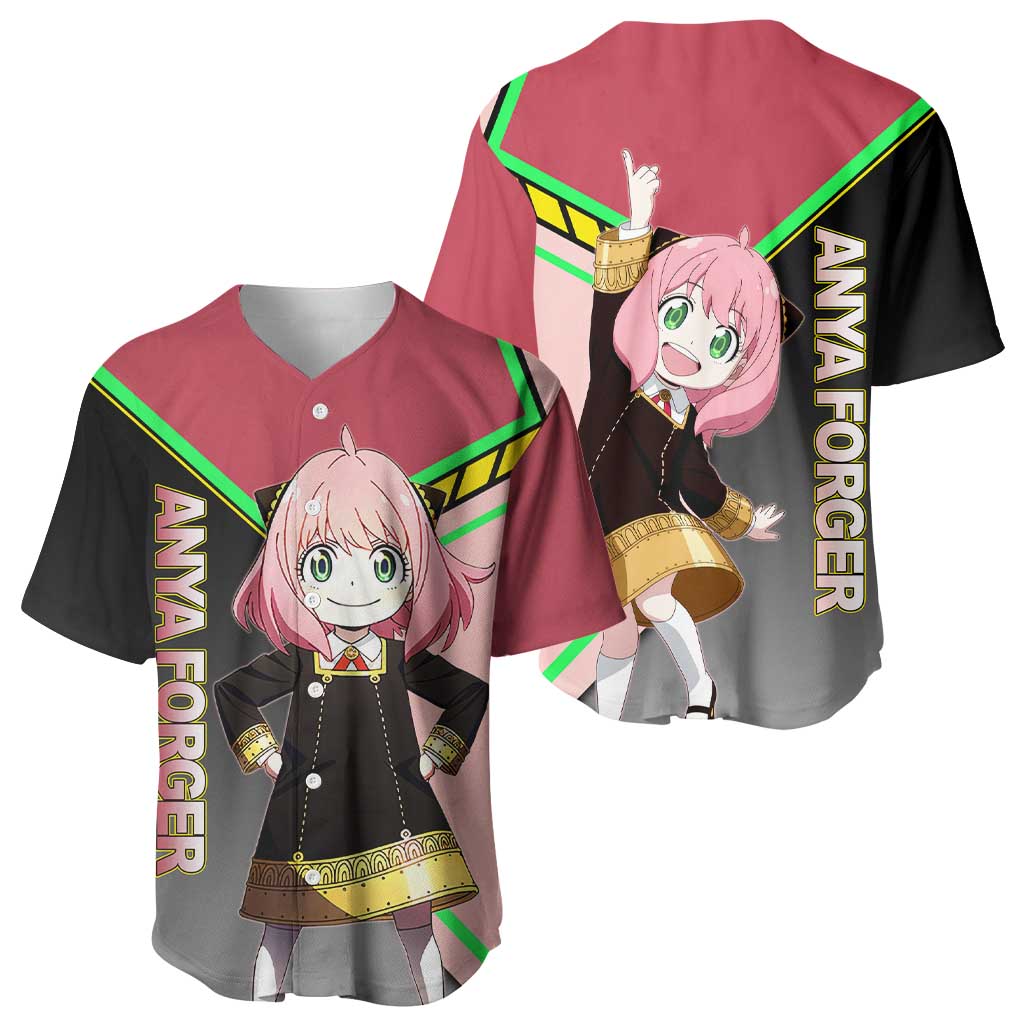 Anya Forger Spy x Family Pink and Black Theme Baseball Jersey with Cheerful Pose and Cartoon Style Accents - The Mazicc