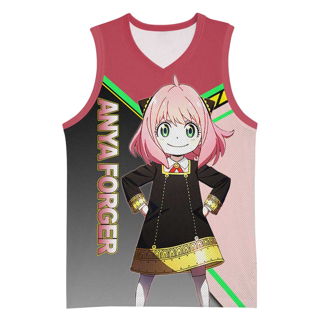 Anya Forger Spy x Family Pink and Black Theme Basketball Jersey with Cheerful Pose and Cartoon Style Accents - The Mazicc